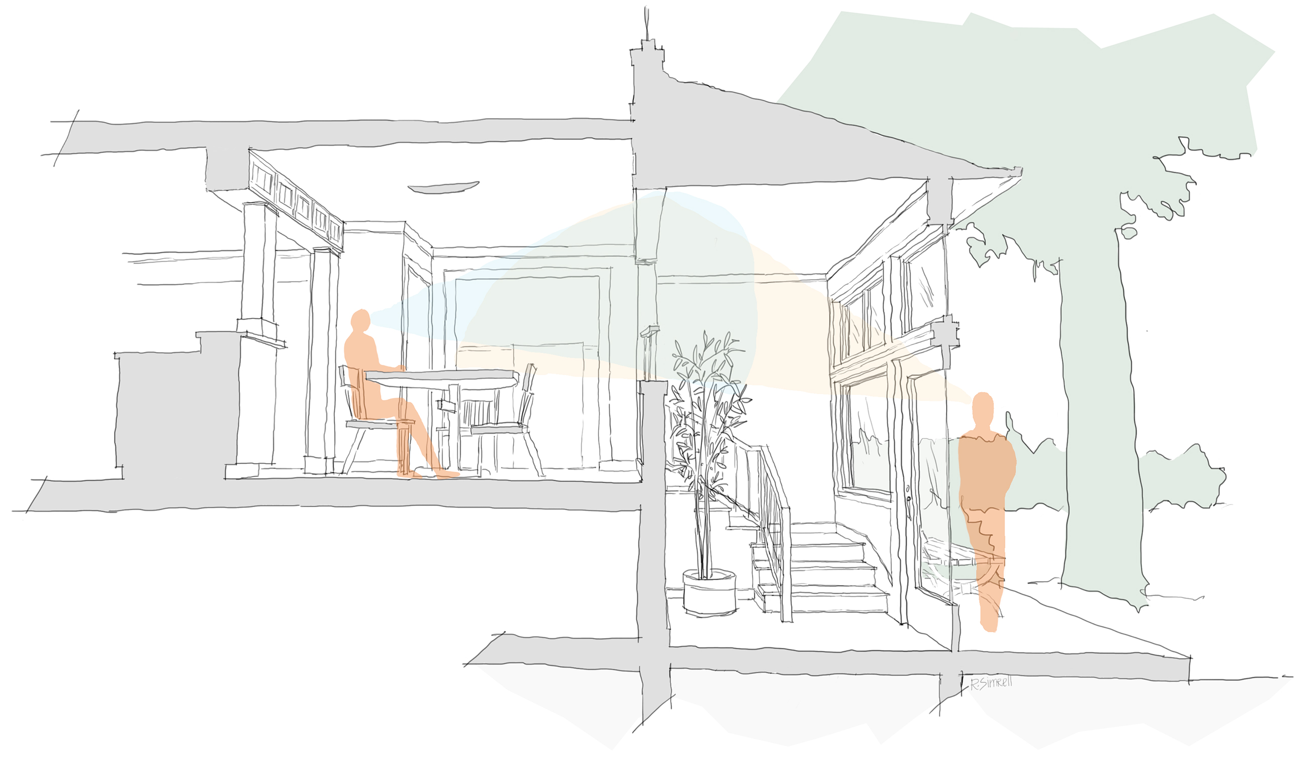 92nd Street Remodel & Addition: Early Design Sketches - Sectional Perspective: View Overlays