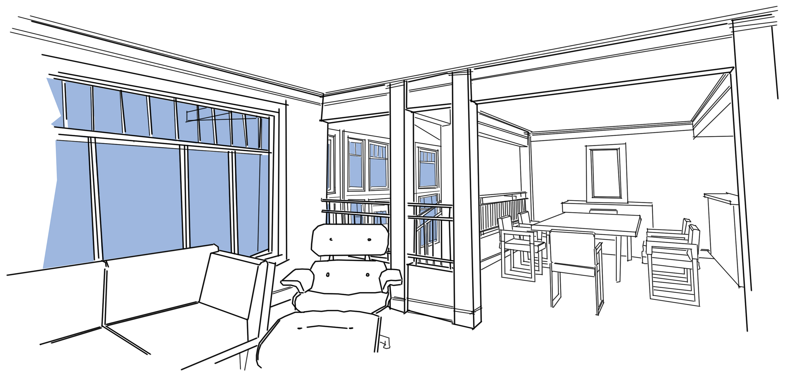 92nd Street Remodel & Addition: Early Design Sketches - View from Living Room: Wall Open